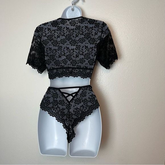 Black Stretch Lace 2 Piece Sexy Intimates Size Large - Picture 5 of 6